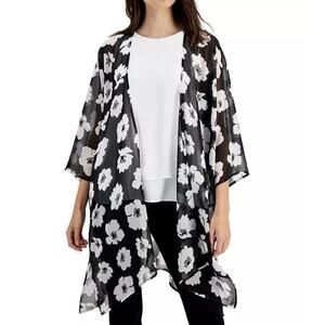 Anne Klein Black with White Floral Sheer Duster Open Cardigan Size L/XL